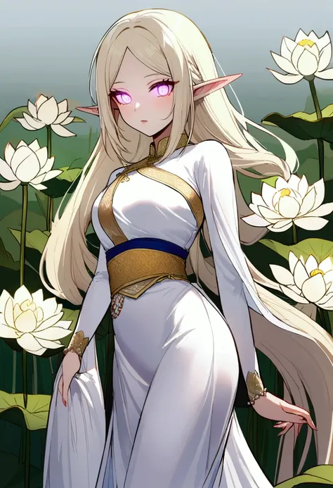 1 female, Elf ears, White God, Light Blonde Hair, Longest hairstyle, Glowing eyes, White lotus field, Princess White Light, Elegant Thai clothing,