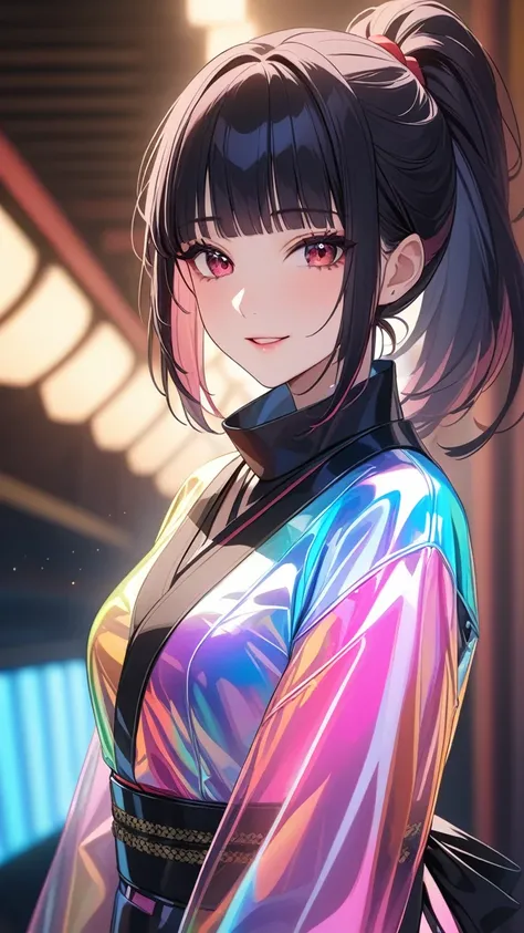 masterpiece, Highest quality:1.3, One person, Medium Hair, Black Hair, Blunt bangs, High Ponytail, Black headband, Black Mask, Japan Ninja Costumes, knife, Transparent and colorful vinyl clothing, Detailed face, Red eyes, Long eyelashes, Delicate facial fe...