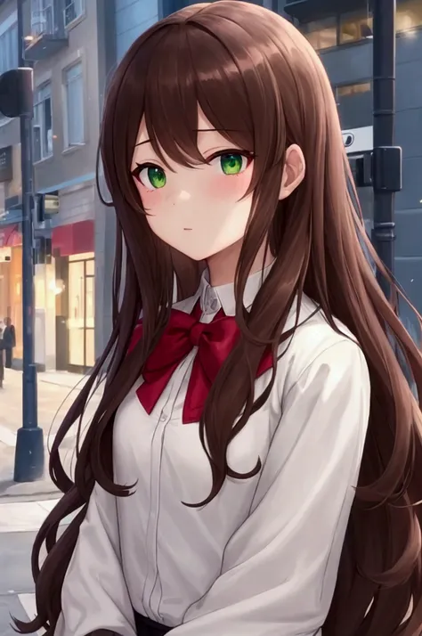 Моника из Doki Doki Literature Club, half body portrait, long brown hair with a big white bow, Soft, but intense green eyes, street style clothing with a slight accent, city background, dark makeup, Digital art, trending on artstation, highly detailed, dif...