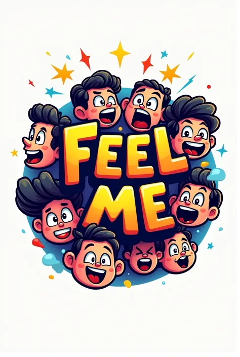 Please make me a logo that says feel me, where the letters look like they are vibrating with emotional faces around them, where the emotions are more pronounced and the faces are less human, where they look more like a cartoon or emoji.