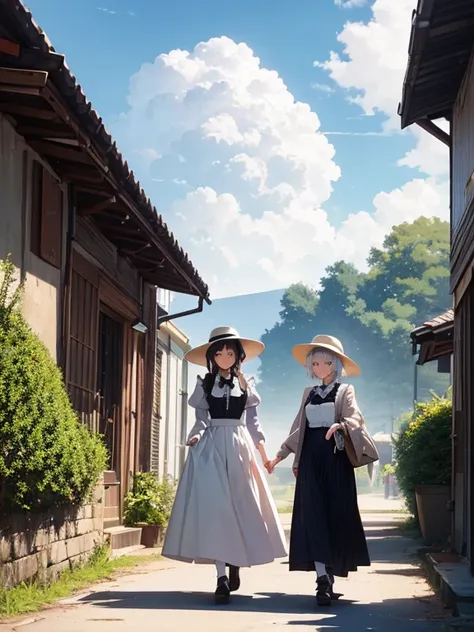 Pastel tones、High definition、Anime-like、Gentle Hills、High and blue sky、A shining white cumulonimbus cloud、（A wide-brimmed hat, silver hair, long skirt and cardigan）With the lady（Classical maid outfit）maid、Two women walking together