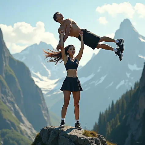 (Girl lifting a man high above her head with her strong arms). She is standing on a cliff with tall Mountains in the background. Teen, Cute, gorgeous, Caucasian girl, fit, (muscular:1.5), 18, abs, slender, slim, long flowing brown hair, (dressed in skirt a...