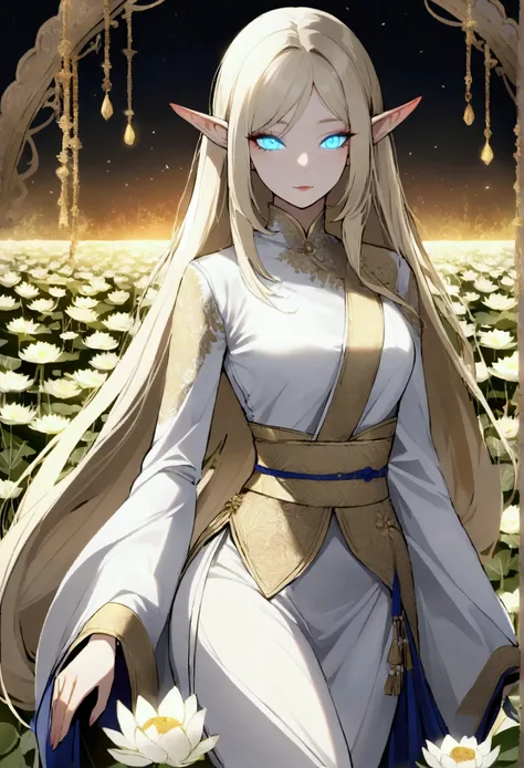 1 female, Elf ears, White God, Light Blonde Hair, Longest hairstyle, Glowing eyes, White lotus field, Princess White Light, Elegant Thai clothing,