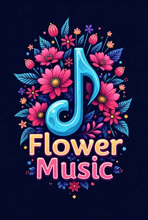 A logo musical note center and flower and pattern around. Background Neon and text “ Flower Music “ MUSIC font strong colorful