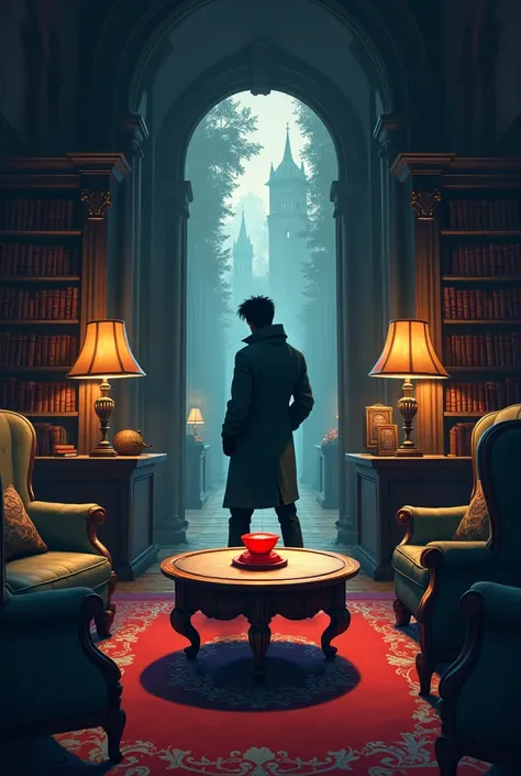 Book cover of 1 person silhouette (Lucas) selecting a red button centered on a coffee table inside a Disney-style secret library