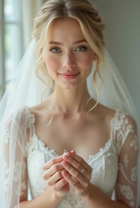 Beautiful girl with blonde short hair, wedding dress, white skin, holding ring wedding 