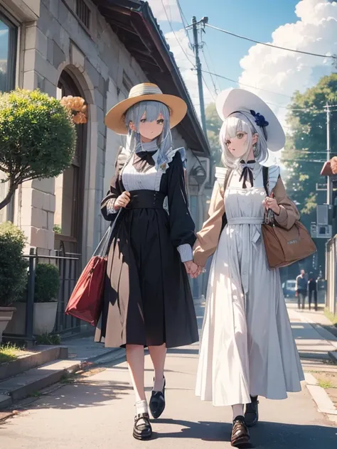 Pastel tones、High definition、Anime-like、Gentle Hills、High and blue sky、A shining white cumulonimbus cloud、（A wide-brimmed hat, silver hair, long skirt and cardigan）With the lady（Classical maid outfit）maid、Two women walking together