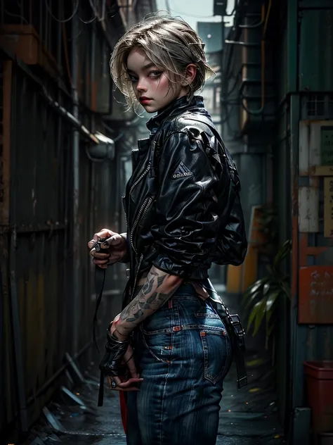 A detailed young woman with short blond hair, green eyes, and a confident sensual smile, wearing a punk style haircut with shaved sides, tattoos, carrying a Gatling gun, standing in a dynamic and virile pose, punching with large muscles, wearing a petrol b...