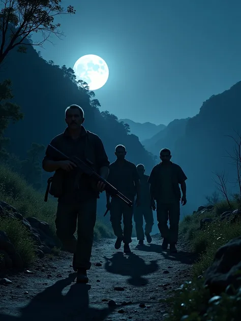 5 Thai men around 40 years old walking in the on the mountain and on their hand holding guns at night