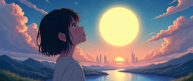 ((The pale yellow moon of a supergiant star))((A girl who looks up at her profile and is subjectively depicted))、((Crying girl))、Profile Girls、On a multicolored background、Painting of a river with stars and moon in a rainbow sky、Shining skyscrapers、Shine o...