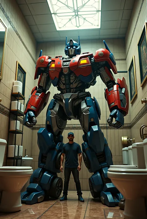 a highly detailed image of Optimus Prime, the iconic Transformers character, standing next to a cameraman dressed in casual attire, in a surreal bathroom setting with toilet paper and other bathroom accessories, 8k, photorealistic, cinematic lighting, dram...