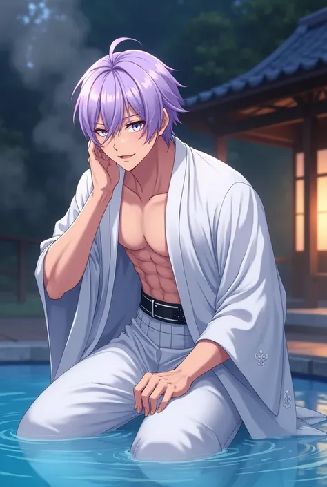 Generate an image, Muscular male character, anime style boku no hero style, lilac hair, white eyes ,semi-wide hair, ,white kimono,looking sideways, flirtatious smile, hot springs background at night,Whole body, kneeling approaching