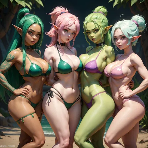  (Dragonball_style_art), 3girls, three female goblins, goblin women, elf ears, pastel skin, green skin color,blue skin color,pink skin color, voluptuous, thicc , bikini,punk hair styles