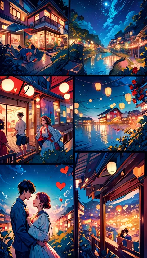 (Highest quality,Very detailed,Realistic:1.37),humor,Comic book style,Bold,Vibrant colors, Close to cool colors,Desaturate,Beautiful night view, A girl and a boy, Fun couple, Laughter, floating love,