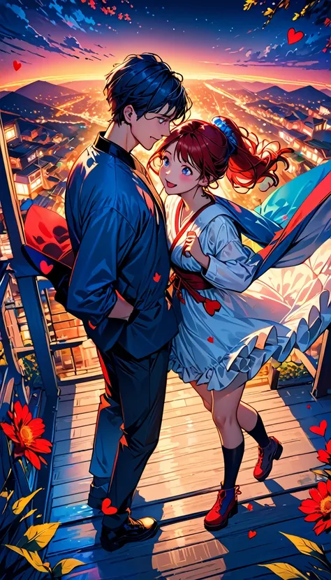 (Highest quality,Very detailed,Realistic:1.37),humor,Comic book style,Bold,Vibrant colors, Close to cool colors,Desaturate,Beautiful night view, A girl and a boy, Fun couple, Laughter, floating love,