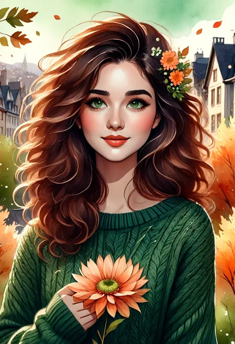 watercolor drawing of a woman holding a flower, with wavy hair and wearing a green sweater.   her face has an adorable floral mo...