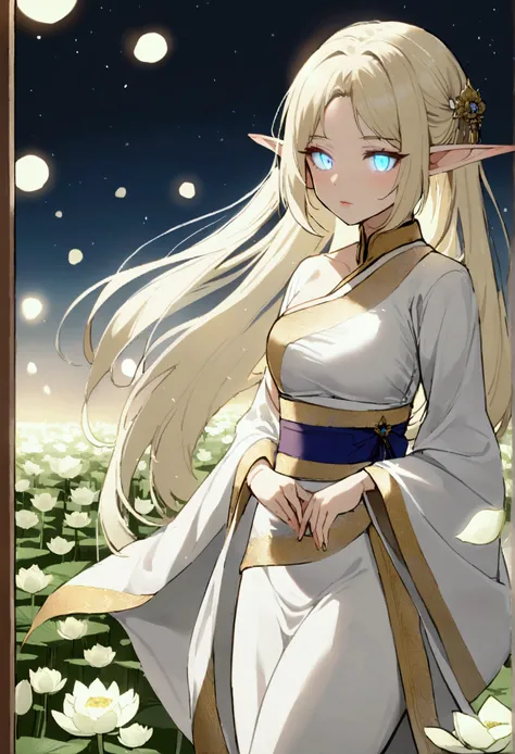 1 female, Elf ears, White God, Light Blonde Hair, Longest hairstyle, Glowing eyes, White lotus field, Princess White Light, Elegant Thai clothing,