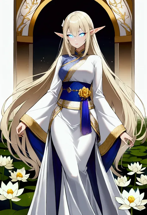 1 female, Elf ears, White God, Light Blonde Hair, Longest hairstyle, Glowing eyes, White lotus field, Princess White Light, Elegant Thai clothing,