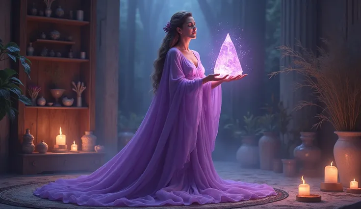 mulher com capa violeta de sacerdotisa energizando sua casa com crystals ALTOS, IN your hands a large pyramid-shaped crystal, convey depth, in the background a cupboard with various aromatic herbs, in the scene small lit candles, crystals