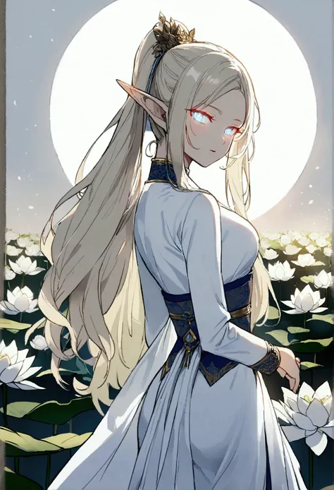 1 female, Elf ears, White God, Light Blonde Hair, Longest hairstyle, Glowing eyes, White lotus field, Princess White Light, Elegant Thai clothing,