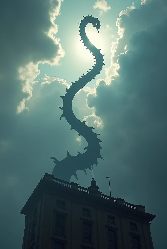 a snake-shaped shadow created by the light of a spotlight on the clouds that is on the roof of a building. that the shadow looks more like a snake. The snake sign in the sky created by the shadow of a spotlight in the sky. but epic