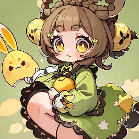 Cute, adorable, kawaii, perfect masterpiece, big eyes, masterpiece aesthetic, green eyes, expressive, perfect anatomy, yellow eyes, brown hair, giant bells in hair, short hair, green dress, yellow rabbit pillow