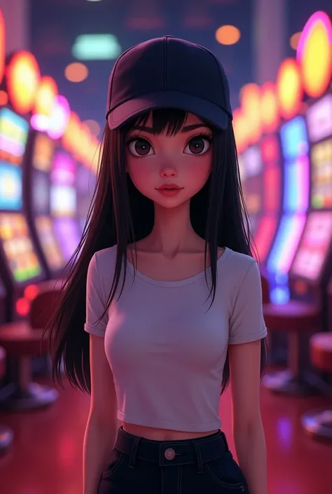 Girl with long black straight hair black eyes plain black cap black eyes without bangs white top t-shirt black pants , casino machines background image Pixar style



