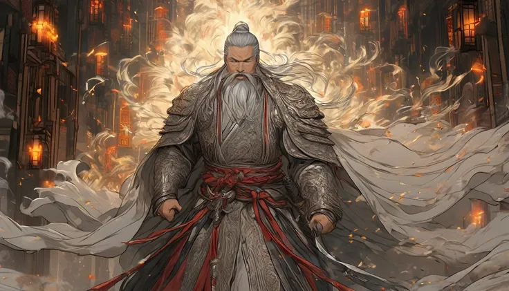 Line art drawing comic a perfect handsome male, Clear Face, Man in his 50s,One person,muscle, Hanfu, Gray Hair, long white beard, ((whole body)), Fine grain, Detailed face,Perfect hand-crafted detail,sword,anger,sparks,１riding a horse,
cast (Immeasurable,B...