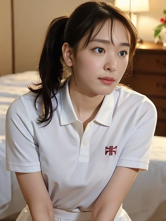 (Masterpiece, Best quality:1.3), (Ultra realistic:1.2), Natural light, 28 years old actress, Japanese women, Neat and clean, (White tennis uniform, White short-sleeve polo shirt with darknavy line collar:1.1), (unbutton:1.3), (White pleated skirt:1.1), whi...