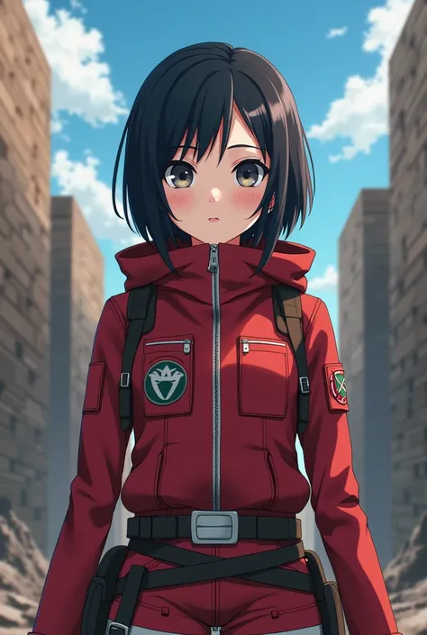 Young Uchiha female character from the anime Naruto if he were in the Attack On Titan anime with 2D features, full face from the front with the reconnaissance uniform from the front with the characteristics of the Naruto anime from the front without the Ak...