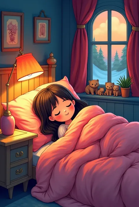 cuteIllustration,pretty room:burden:woman alone:hibernation,sleeping,comfortable and warm,You look happy,cute,nestle,Illustration,pop,colorfulに,draw with thick lines,color,dim,Lamp light,hibernationの곰 가족が眠っています:have a happy dream,The study is warm and full...