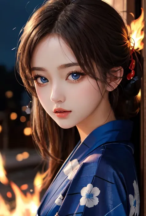 ((masterpiece, top quality, super definition, high quality)), alone, Beautiful girl, shining eyes, perfect eyes, , blue theme, yukata, flame