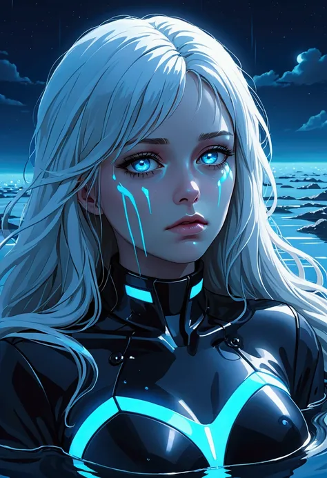 ((best quality)), ((masterpiece)), (detailed), (total body), perfect face, a beautiful woman with white long hair and a sky blue reflection, she has a tufted fringe, she has sky blue eyes, she has total black cyber suit clothes with some neon sky blue ligh...