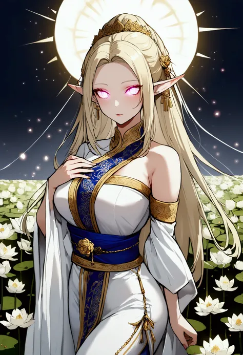 1 female, Elf ears, White God, Light Blonde Hair, Longest hairstyle, Glowing eyes, White lotus field, Princess White Light, Elegant Thai clothing,