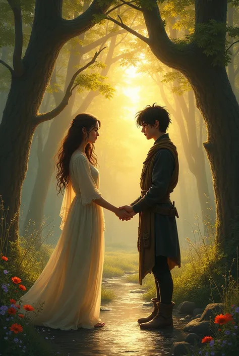 **Description dune Image de Aaron et Eliora**

**scene**: A hidden clearing in the Forbidden Forest, lit by a soft, golden light from the setting sun. Les arbres environnants sont grands et majestueux, with their branches forming a natural arch above the c...