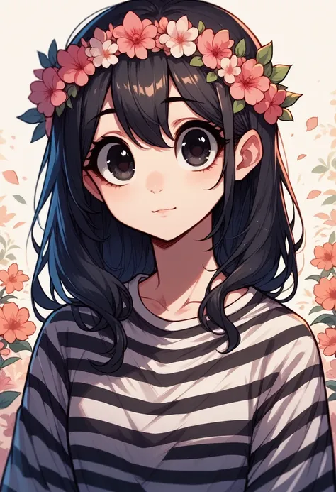 girl, cartoon, illustration, portrait, black hair, flower crown, striped shirt, big eyes, cute