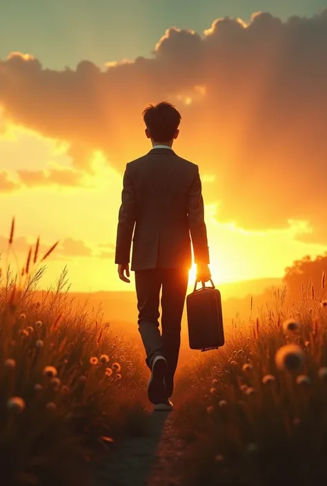 Film cover with the silhouette of a teenager in a suit with his briefcase, with a field background with a sunrise in the background 