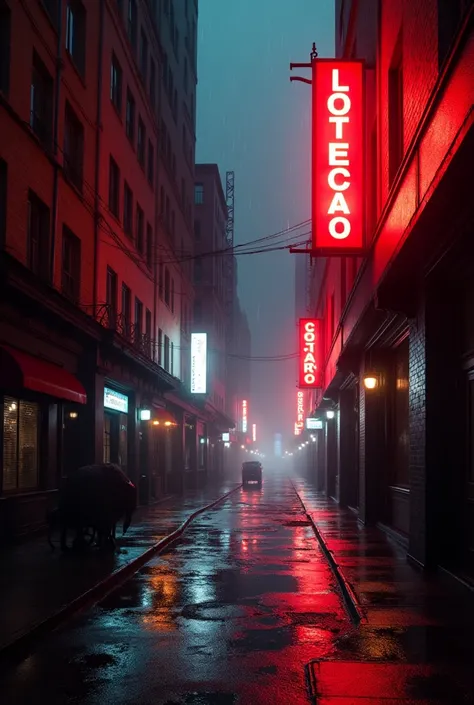 A dark alley in a city at night, rainy, red neon, bottomside view 