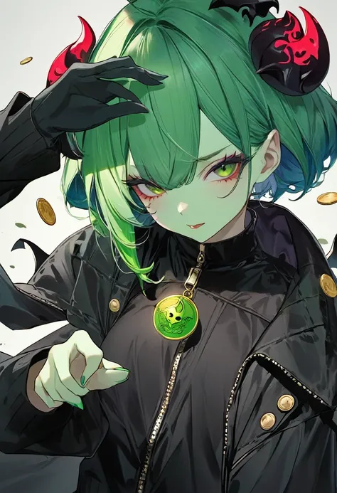 A green-haired woman in demon clothing flipping a coin