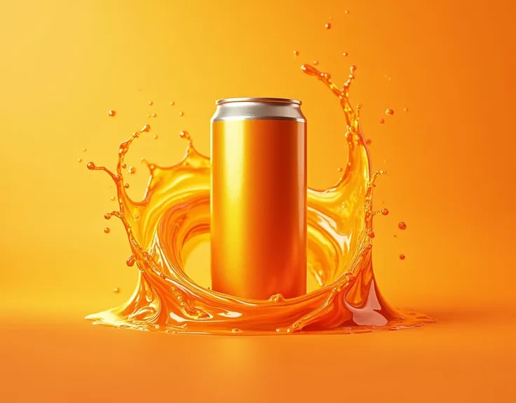 Fanta orange flavour can on the left side, with a hurricane of orange juice around him