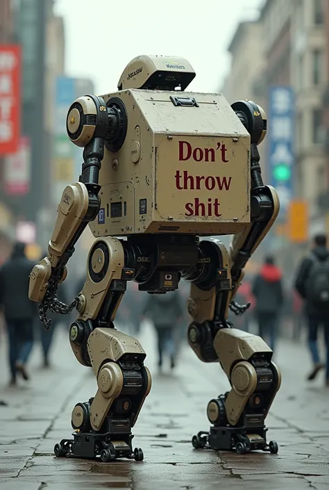 I want a robot that cleans the environment and has a sign that says Don&#39;t throw shit