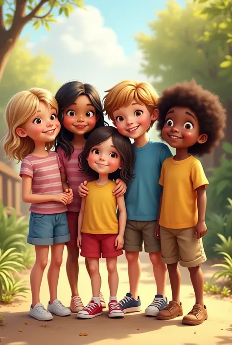 5 friends : 2 little girls e 3 meninos. 2 little girls: one white and the other brown. 2 white boys and 1 brown boy