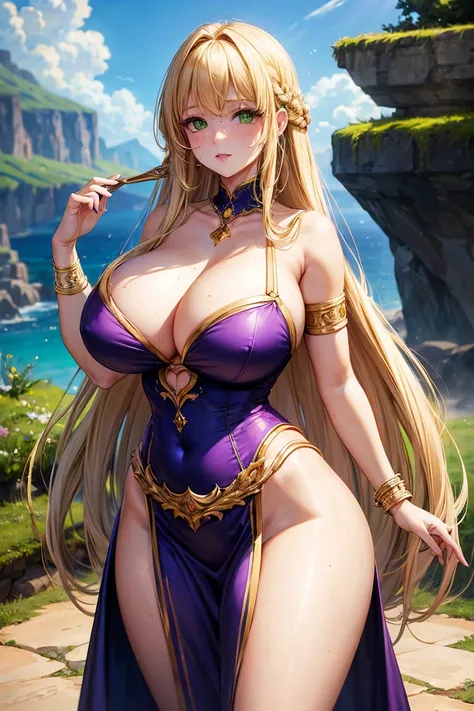 ((best quality)) ((masterpiece)) 1womam, huge_breasts, solo, long_hair, green_eyes, blonde_hair, freckles, massive_breasts, wide hips, cleavage, freckles_on_breast, gold_trim, very_long_hair, armlet, blush, jewelry, bangs, collarbone, purple_royal_gown, be...