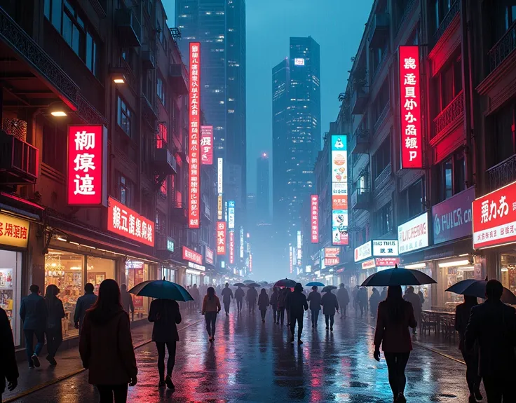 Create an image of Hong Kong neon streets at night raining.