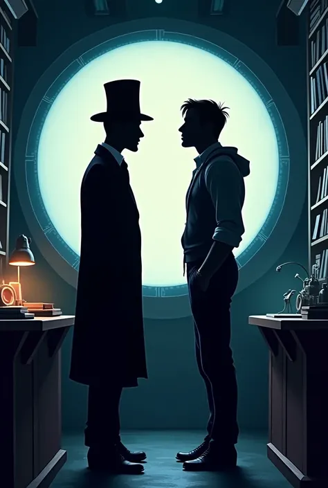 Book Coverage by Luke and Dr.. Griffin 2 people Disney style, Lucas Young and Dr. Griffin a gentleman, where only the silhouettes of their face-to-face meeting in the control room of a Disney-style bookstore are seen