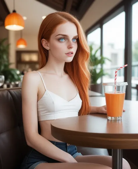 , 14 year old dutch girl, beautiful, sitting at a table, at a ((cafe)), BREAK too small plain low cut white crop top, slacks, BREAK small breasts, makeup, long ginger hair, pale skin, fair skin, white skin, BREAK, no bra, pokies, having a drink, looking at...