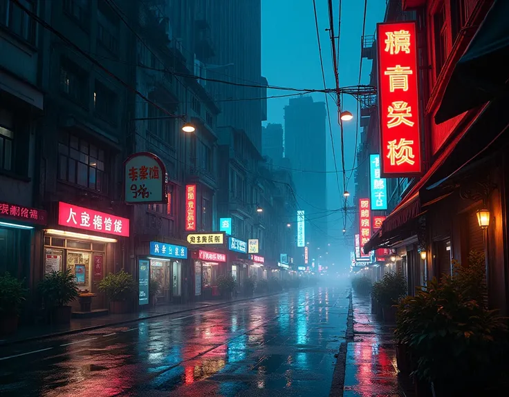 Create an image of Hong Kong neon streets at night raining with no people, being empty.