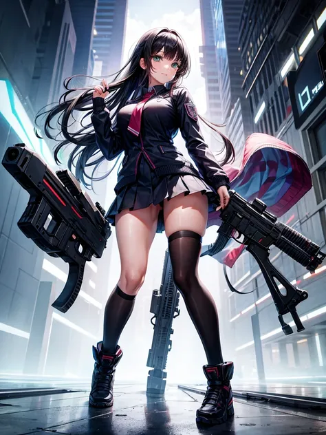 middle School girls，smile，beautiful，Beautiful girl from another world，Gun of the Future，Girl holding an assault rifle in her hand，leather jacket，The best quality to get you horny，Psychic，Wizard，Uniform and cardiganコーデ，battle，Colorfulな髪色，Perfect Girl，Super ...