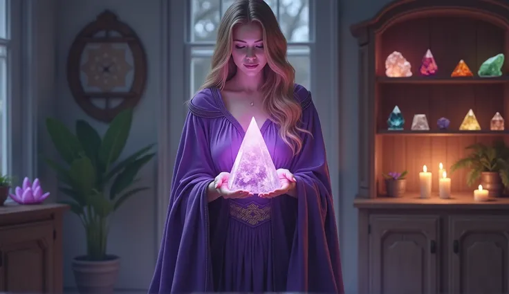 woman in violet priestess cape energizing her home with HIGH crystals, IN your hands with 5 fingers each hand, large pyramid shaped crystal, convey depth, in the background a cabinet with crystals of different colors, sizes and shapes, in the scene small l...