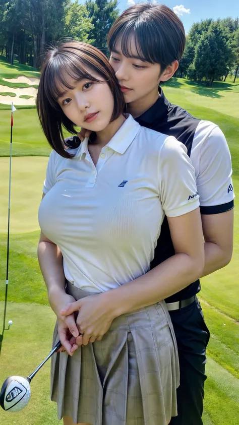 1 young office lady being hugged from back by 1 man:1.2,close to each other:1.1), (mans hand touching her breast:1.1),very cute face,bob cut,white skin-tight golf uniform,embarrassed,golf course,perfect anatomy, masterpiece, best quality,8k,perfect face,fr...